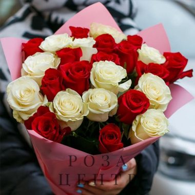25 красных и белых роз Эквадор в упаковке